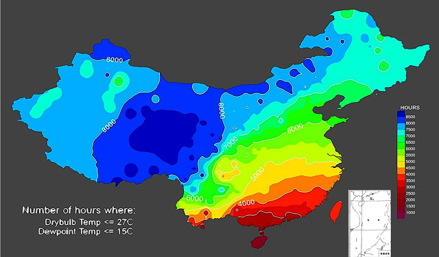 图2 中国自然冷却地图（推荐值：干球温度≤27℃，露点温度≤15℃）.jpg