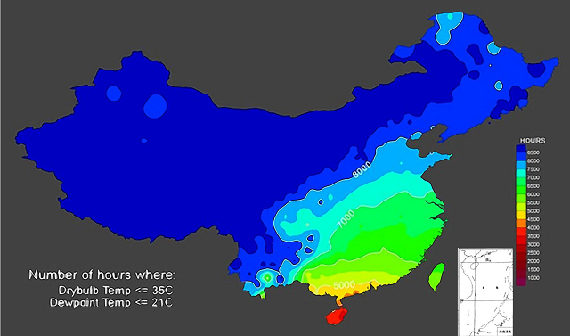 图3 中国自然冷却地图（A2 等级：干球温度≤35℃，露点温度≤21℃）.jpg
